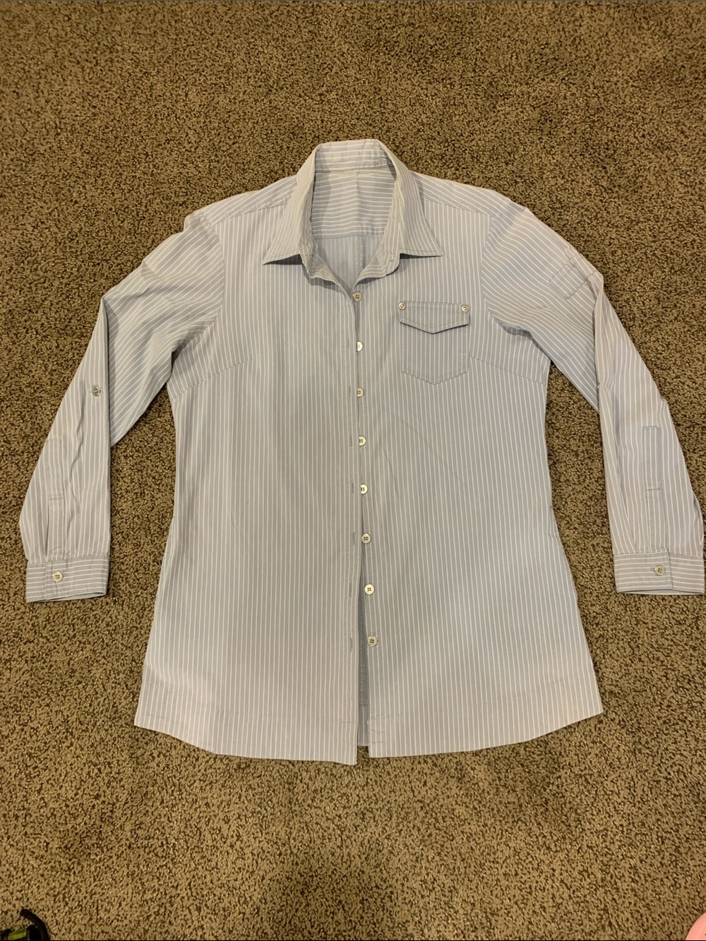 Liz Claiborne Light Blue and White Striped Women's Button-Up Tunic Length Blouse